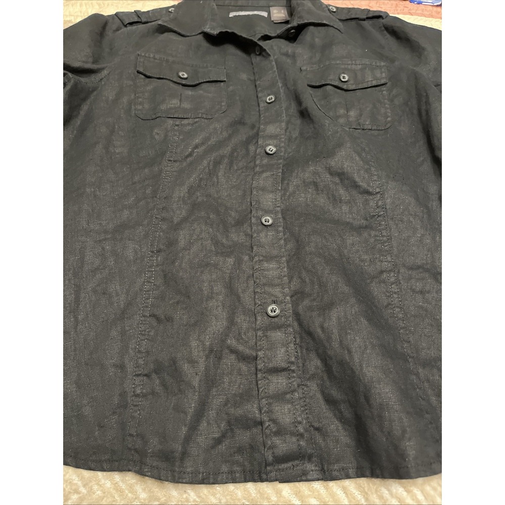 Liz Claiborne Womens Black Linen Button Up Shirt Rugged Utility Top Large